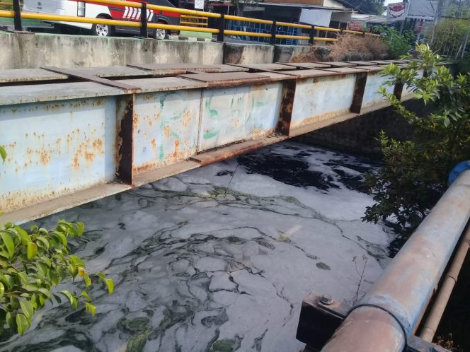
					Sepanjang Kali Bekasi terlihat warna putih berbusa setebal 10 sentimeter. (FOTO : Harian Sederhana)