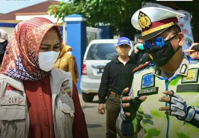 
					Bupati Karawang Cellica Nurrachadiana meninjau titik pemeriksaan atau cek poin di kawasan Kepuh.